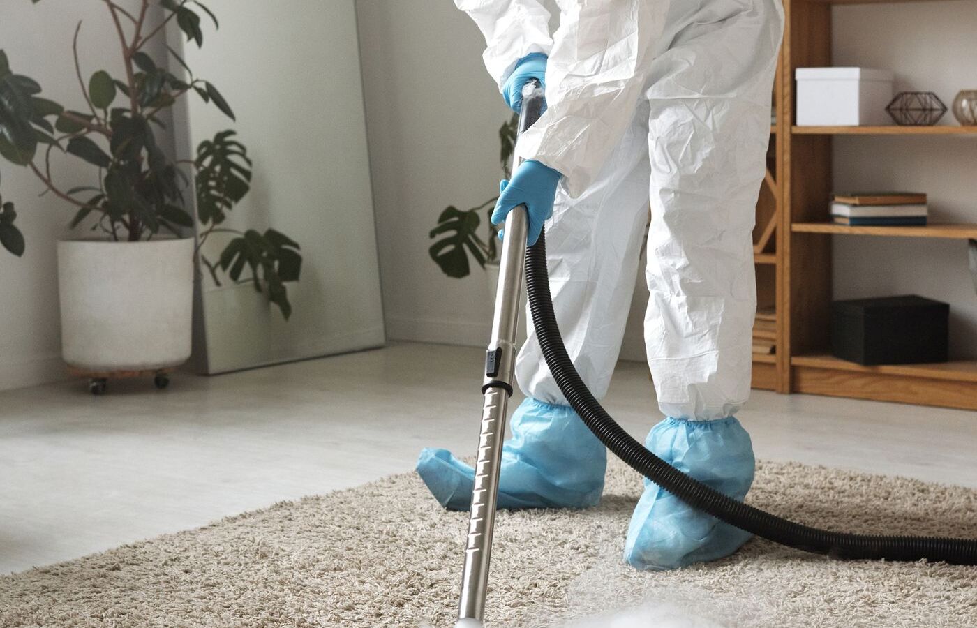 Person in protective coveralls using a steam-cleaning wand on residential carpet.